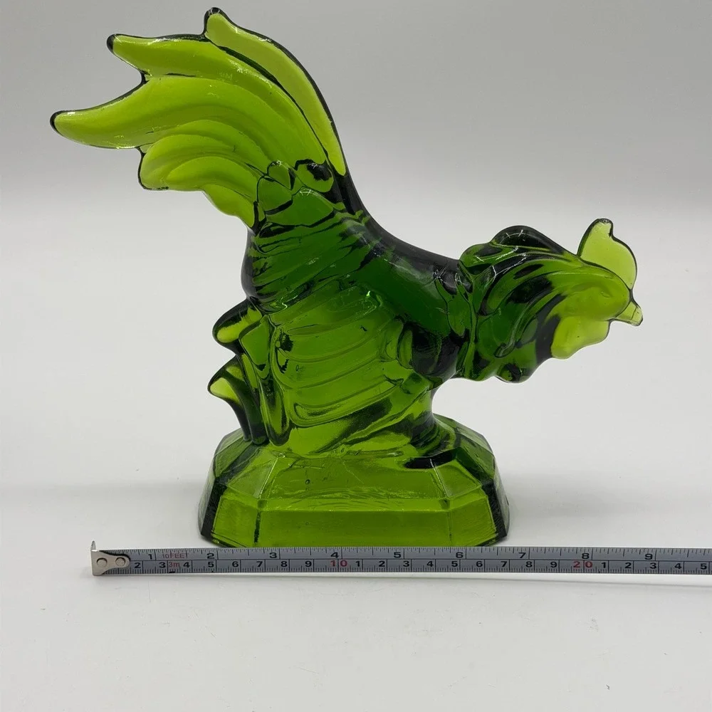 Vintage Green Pressed Glass Rooster Figurine Farmhouse Decor Octagonal Base NOTE